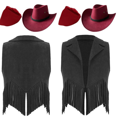 Girls Western Cowboy Cowgirl Cosplay Costume Open Front Retro Suede Tassels Vest with Bandana Scarf Hat for Halloween Carnival
