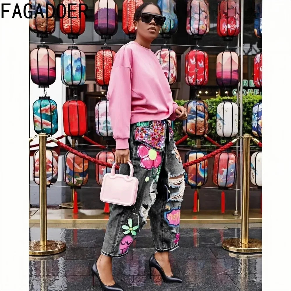 FAGADOER Jean ample à imprimé et couture diamant avec trous pour femme, taille haute, bouton, poche, en denim, pantalon décontracté, streetwear féminin