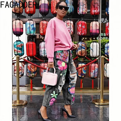 FAGADOER Jean ample à imprimé et couture diamant avec trous pour femme, taille haute, bouton, poche, en denim, pantalon décontracté, streetwear féminin
