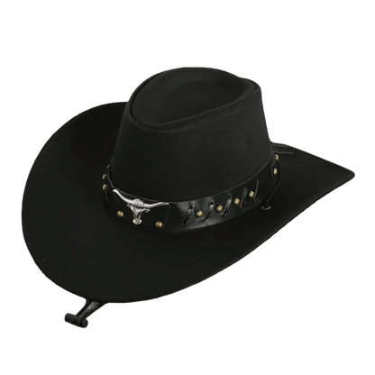 Chapeau de Cowboy occidental de Style ethnique Cool, chapeau de Jazz à large bord en rouleau, tête de vache, chapeau de chevalier de couleur unie, Protection solaire