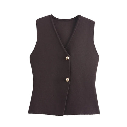 Zevity New Women Fashion V Neck Sleeveless Golden Buttons Knitted Vest Sweater Female Chic Solid Color Slim Cardigan Tops LS6273