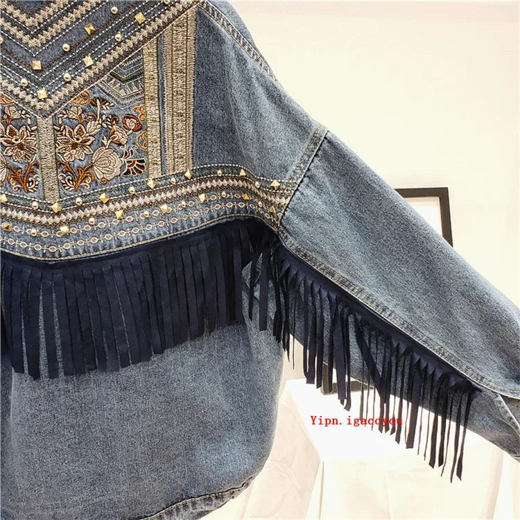 Rivet Embroidery Tassel Denim Jacket Women Loose Long Sleeve Short Outwear Spring Autumn Fashion Black Jeans Jacket Coat Female