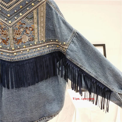 Rivet Embroidery Tassel Denim Jacket Women Loose Long Sleeve Short Outwear Spring Autumn Fashion Black Jeans Jacket Coat Female