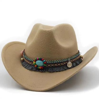 Western Cowboy Wool Hat with Pompom, Montana Sombrero Belt for Men and Women, Cowgirl, Solid Color, Jazz, Stylish Hollow Design for Lady