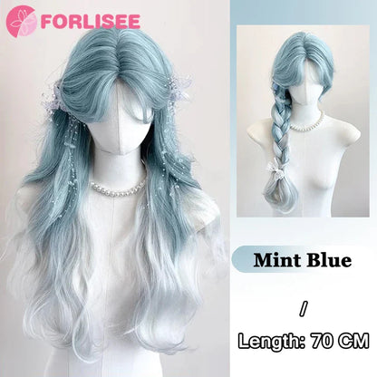 Pink Blonde Highlights Long Wavy Wig Synthetic Colorful Lolita Cosplay Hair Wigs with Bangs for Women Heat Resistant Daily Use