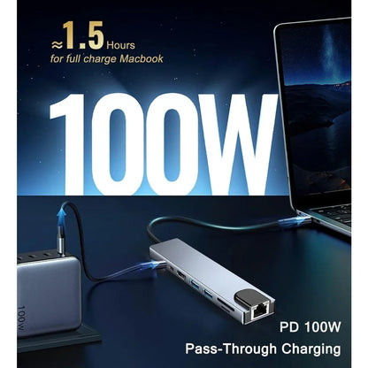 USB C Hub Ethernet HDMI Adapter, 8 in 1 Docking Station with 4K HDMI, RJ45 Ethernet, SD/TF Card Reader, USB 3.0/2.0, PD 100W