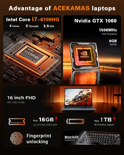 ACEKAMAS 16" Gaming Laptop Intel Core i7 6700HQ GTX 1060 Windows 11 Pro Gamer PC 16GB DDR4 1TB SSD IPS Notebook Computer Laptops