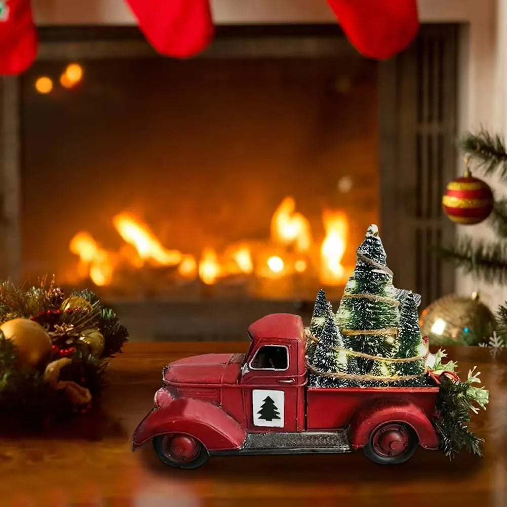 Christmas Retro Red Truck Ornaments Metal Car With Mini Green Tree And Box Xmas Table Decoration
