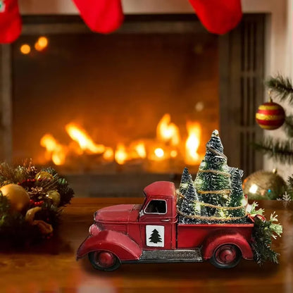 Christmas Retro Red Truck Ornaments Metal Car With Mini Green Tree And Box Xmas Table Decoration