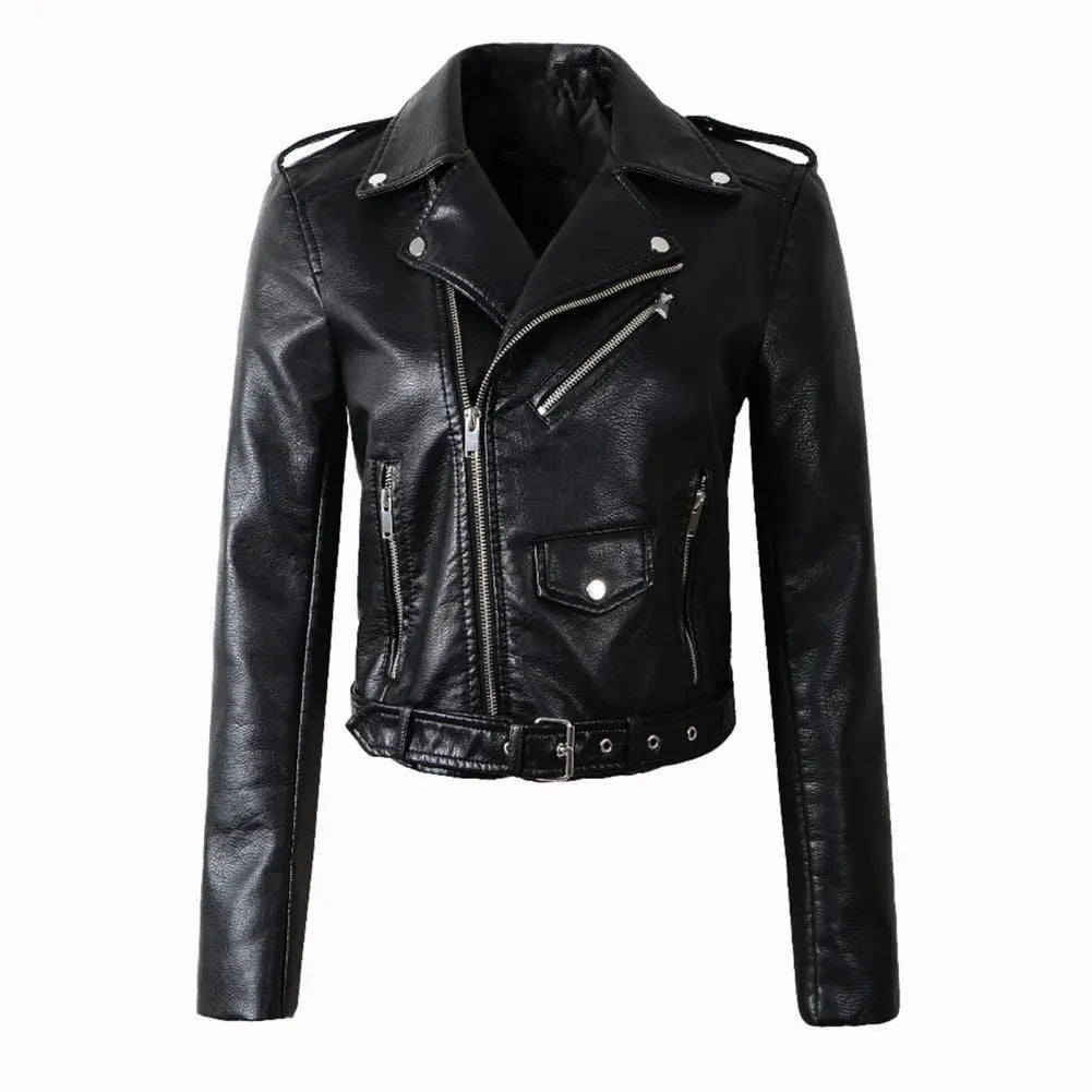Women Faux Leather Jacket Turn-down Collar Zip-up Zipper Rivet Decor Motorcycle Coat Long Sleeves Female Outerwear Lady Clothing