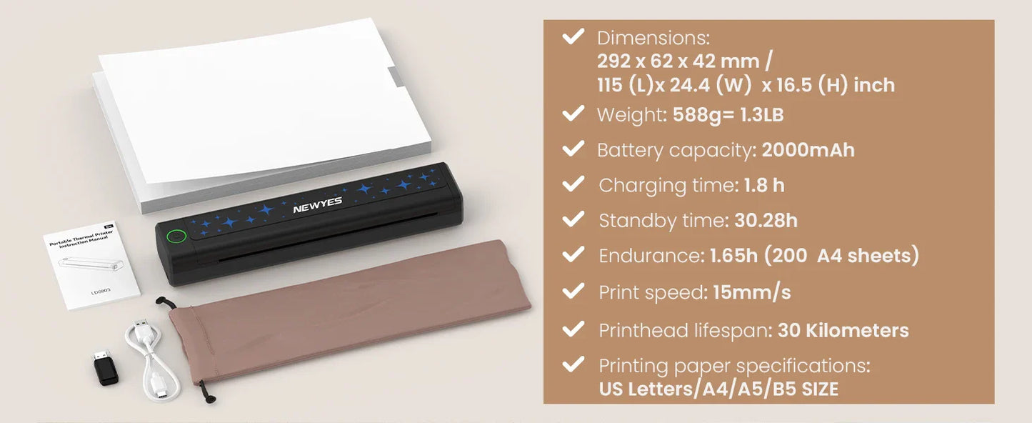 NEWYES Portable Thermal Printer Inkless Printer Wireless Connectivity Business Travel Home Education Use