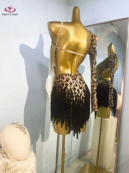Robe de danse latine haut de gamme, personnalisée, coupe ajustée, imprimé léopard, jupe à franges noire, Samba Tango, costume de scène pour femmes adultes
