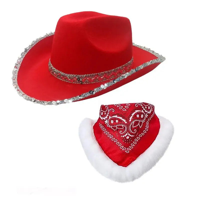 Chapeau de cowboy de Noël lumineux tendance, chapeau de jazz de cowgirl en feutre rouge à large bord pour hommes et femmes
