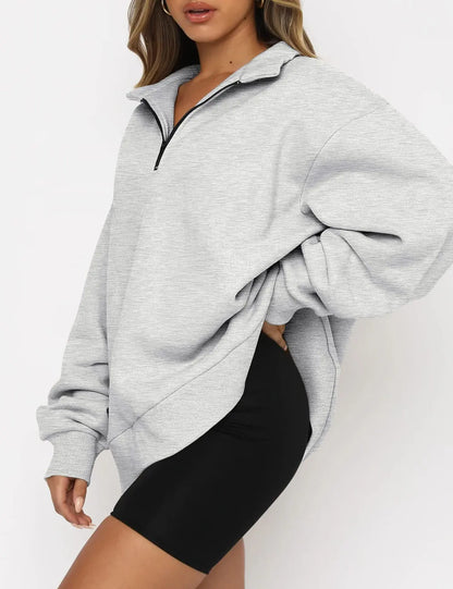 Women Sweatshirts Turn Down Collar Zipper Pullovers Long Sleeve Spliced Thick Warm Sweatshirt Outwear Autumn Winter 2024