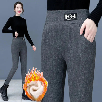 Leggings en laine d'agneau femmes taille haute Leggings chauds en plein air marche pantalons décontractés extensible maigre avec poche Leggings élégants