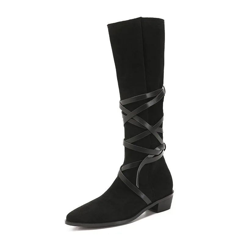 Matte Leather Gothic Western Cowboy Boots Women's Fashion Autumn New Style Pointed Toe Lace-up Retro High Top Flat Heel Boots