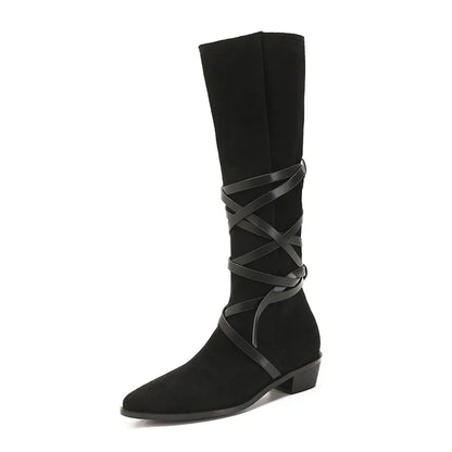 Matte Leather Gothic Western Cowboy Boots Women's Fashion Autumn New Style Pointed Toe Lace-up Retro High Top Flat Heel Boots