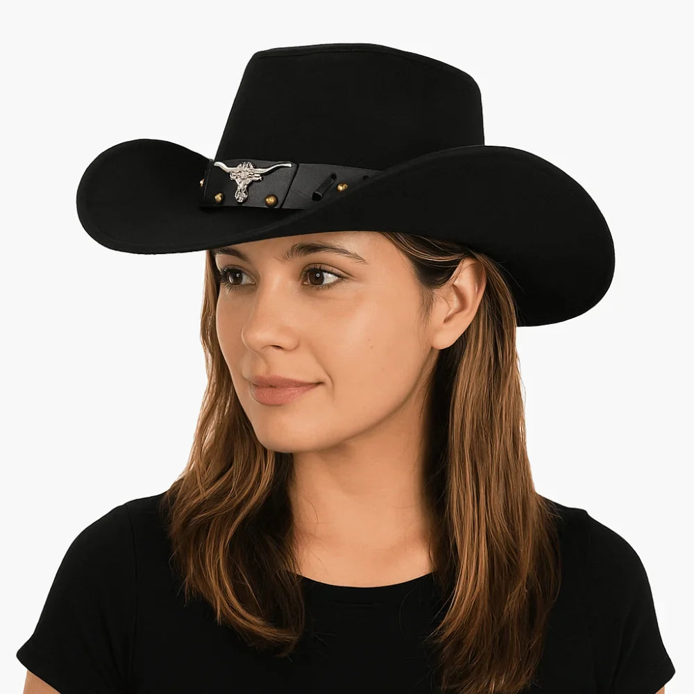 Chapeau de Cowboy occidental de Style ethnique Cool, chapeau de Jazz à large bord en rouleau, tête de vache, chapeau de chevalier de couleur unie, Protection solaire