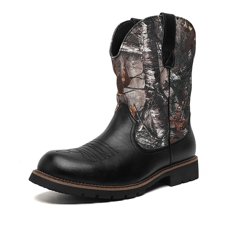 Men Boot 2024 Mid Calf Western Cowboy Motorcycle Boots Male Autumn Outdoor PU Leather Totem Med Heel Fashion Designed Men Boots