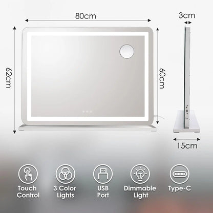 Miroir de maquillage avec éclairage LED 80x60 cm, grand miroir de la Confédération avec USB et type C, loupe 10x, indicateur de température 3 couleurs