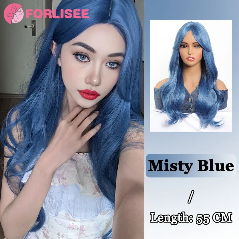 Pink Blonde Highlights Long Wavy Wig Synthetic Colorful Lolita Cosplay Hair Wigs with Bangs for Women Heat Resistant Daily Use