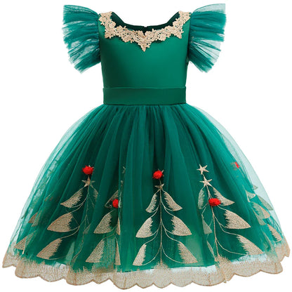 Robe de Princesse Fille Soirée Noël Enfant Broderie Elfe Élégante Manche Volantée Robe de Fête d'Anniversaire