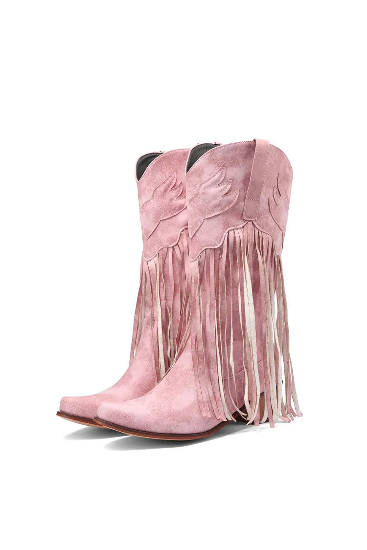 Nouvelles bottes de cowboy rétro ethniques pour femmes avec pompon à talon moyen, chaussures d'hiver pour femmes