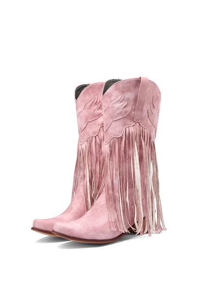 Nouvelles bottes de cowboy rétro ethniques pour femmes avec pompon à talon moyen, chaussures d'hiver pour femmes