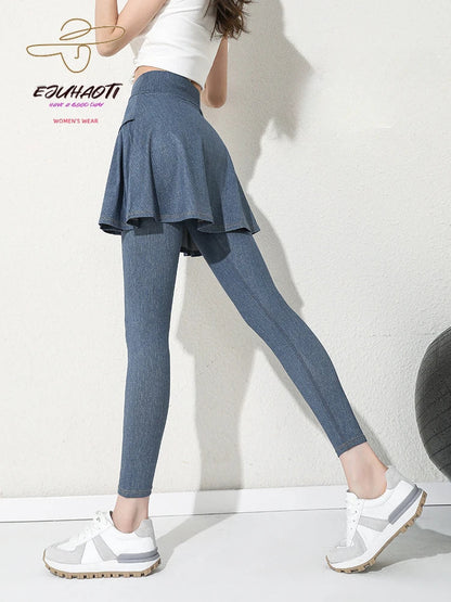 Women Cowboy Yoga Shark Skirts Pants Fake Two Piece Set Phone Pocket Sport Gym Running Leggings Tennis Outdoor Cycling Pants