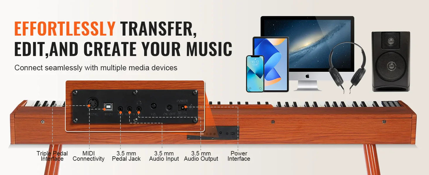 VEVOR Piano numérique, 88 touches entièrement pondérées, ensemble piano à clavier électrique portable avec double clavier, haut-parleurs, pédale de sustain, casque, Bluetooth USB MIDI, pour débutants