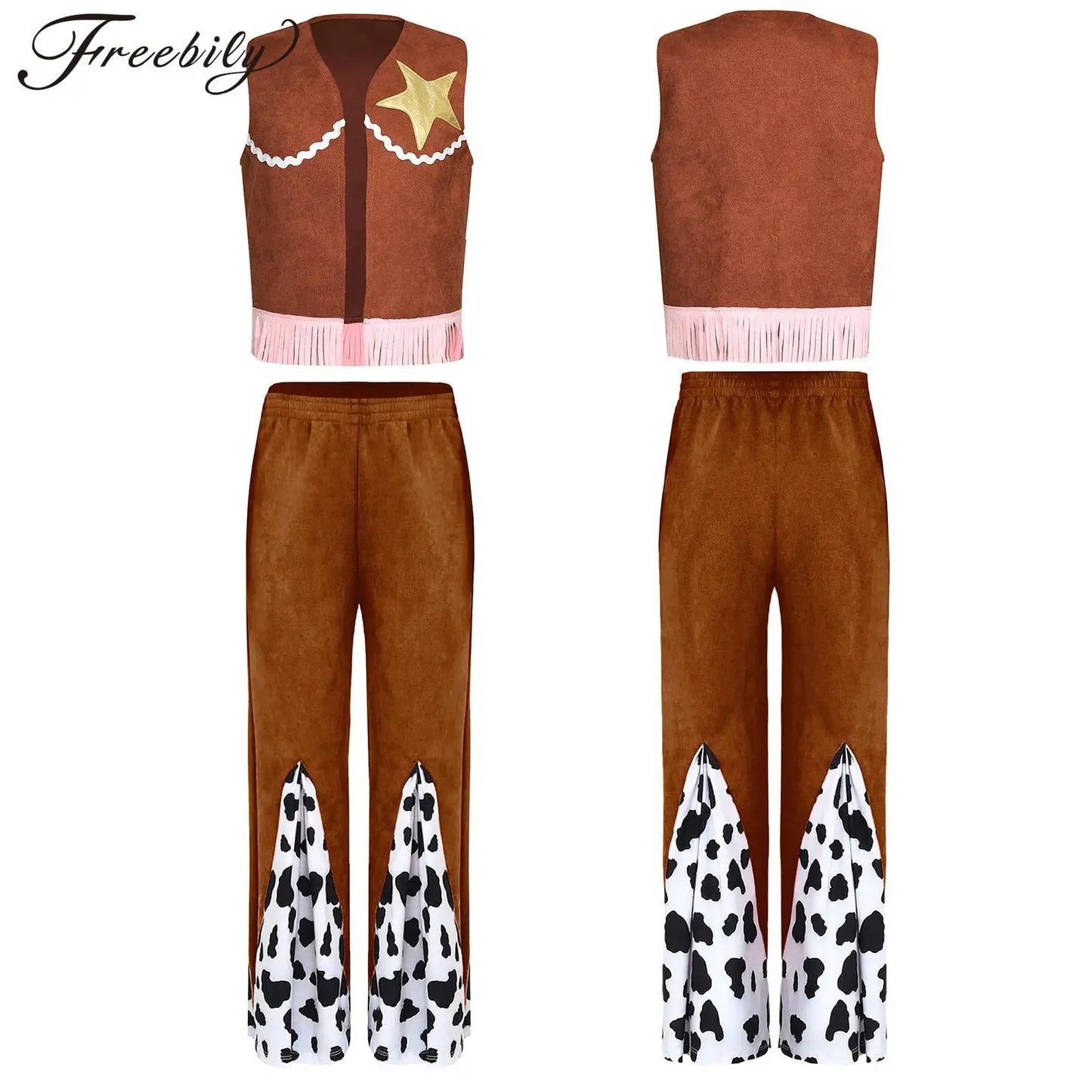 Déguisement de cow-boy/cow-girl western d'Halloween pour filles, gilet à franges étoiles et pantalon évasé imprimé vache, tenues de carnaval