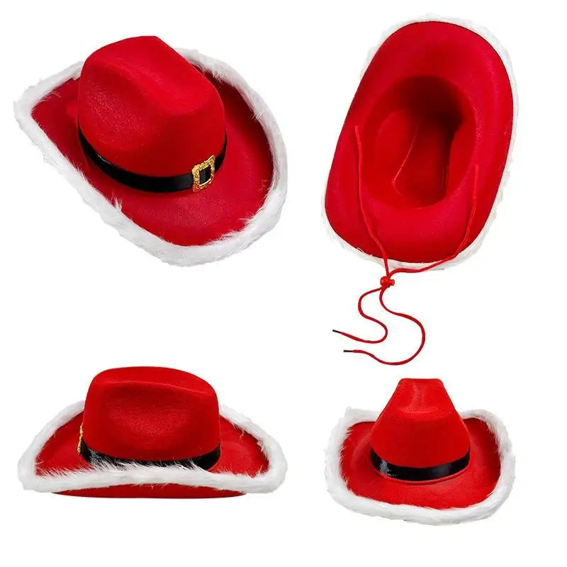 Chapeau de cowboy de Noël lumineux tendance, chapeau de jazz de cowgirl en feutre rouge à large bord pour hommes et femmes