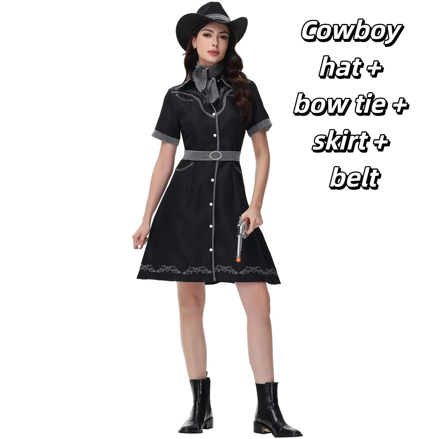 Costume de Cosplay de Cowgirl d'halloween pour femmes adultes, ensemble de robe fantaisie de fête de carnaval, Costume occidental noir pour spectacle sur scène