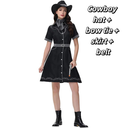 Costume de Cosplay de Cowgirl d'halloween pour femmes adultes, ensemble de robe fantaisie de fête de carnaval, Costume occidental noir pour spectacle sur scène