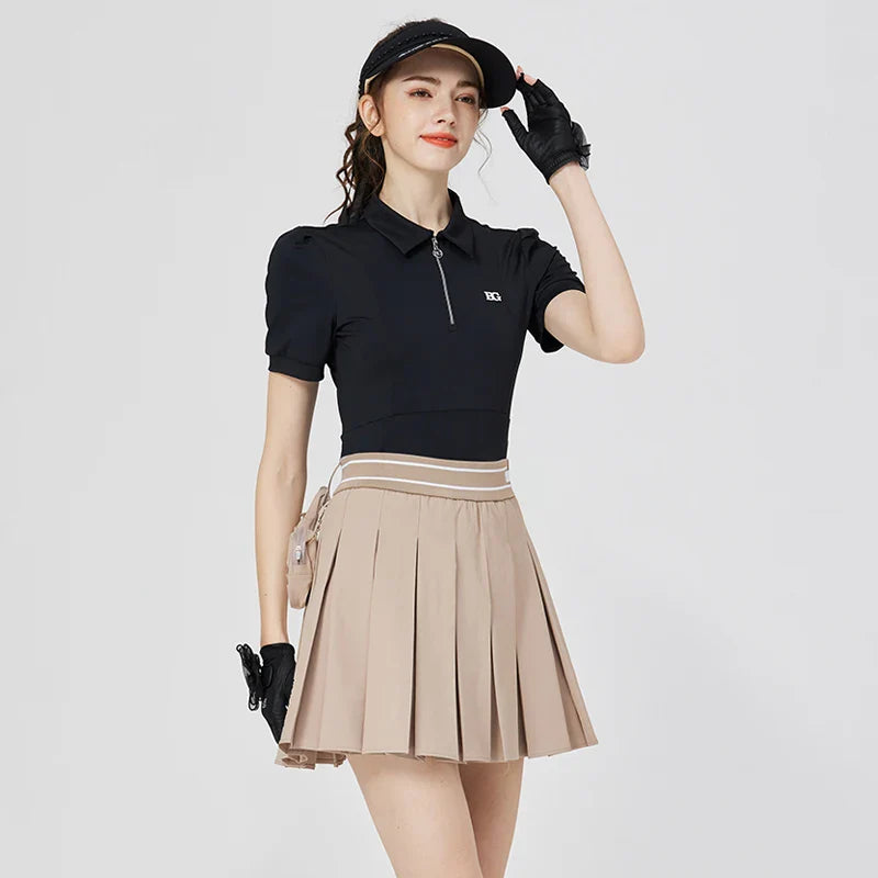 Blktee Slim Zipper Collar Golf Shirts Women Puff Short-sleeved Tops Ladies High Waist Golf Skirts Pleated Skorts with Ball Bag