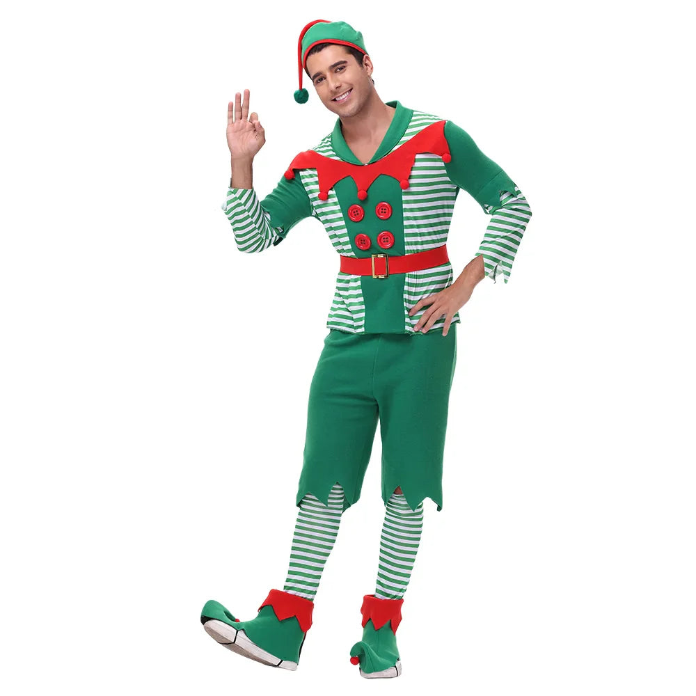 VIP FASHION Men Christmas Elf Costume with Hat Stockings Shoe Covers Belt Fancy Xmas Party Dress Up Outfit Male Festival Clothes
