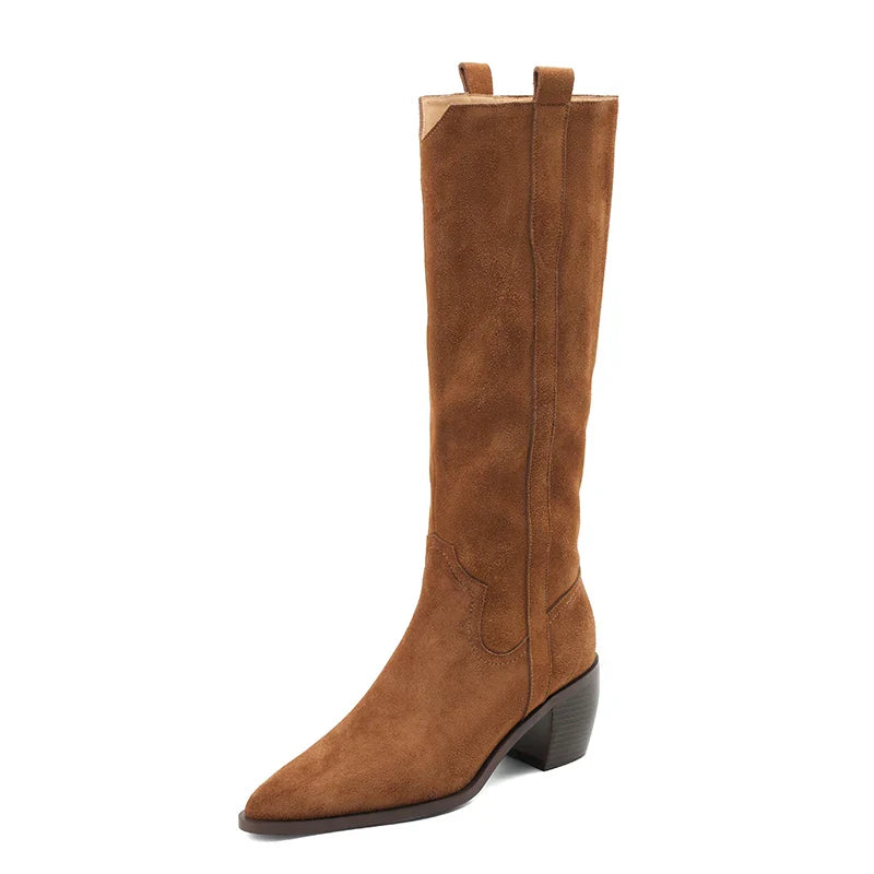 Bottes de Cowboy en Daim de Vache à Talons Hauts pour Femme, Style Vintage, Style Country Western, à la Mode, Automne Hiver