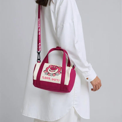Stitch Canvas Shoulder Bag For Women Cartoon Strawberry Bear Casual Crossbody Bag Daily Commuting