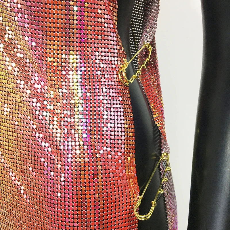 Shiny Y2k Metallic Sequins Mini Dresses For Women Sleeveless Backless Sexy Low Cut See Through Sexy Solid Clubwear Party Dress
