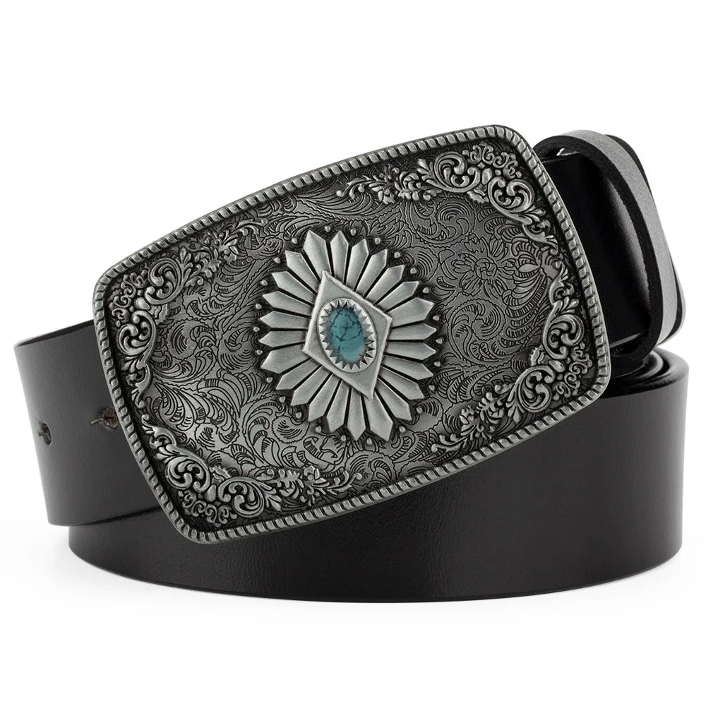 Ceinture classique en cuir véritable avec boucle émail saphir et motif floral sculpté en argent pour femmes et hommes, cadeau