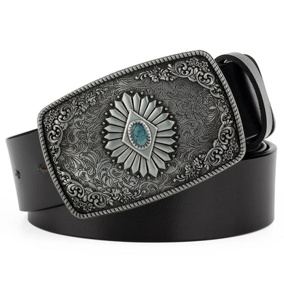 Ceinture classique en cuir véritable avec boucle émail saphir et motif floral sculpté en argent pour femmes et hommes, cadeau