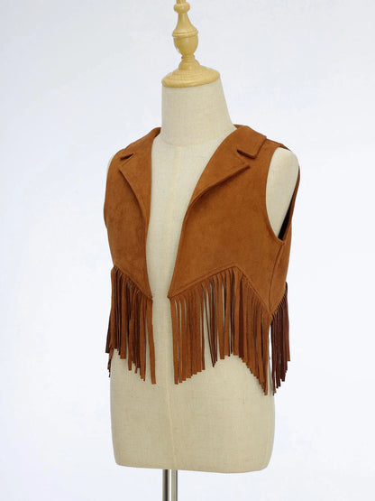 Costume de Cowgirl occidental en daim pour enfants, gilet à franges avec pompons, vêtements de danse, jeu de rôle de fête, gilets de Cowboy