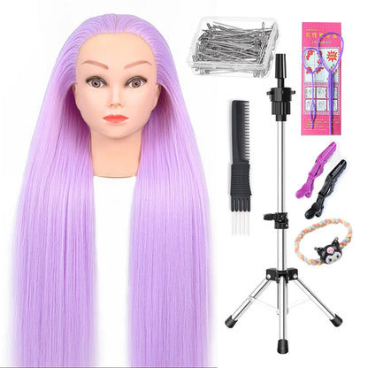 Tête de mannequin à cheveux longs synthétiques avec support de trépied de perruque réglable Modèle avec tête de mannequin Formation de coiffeur coiffant