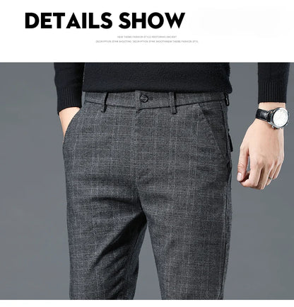 Autumn Winter New Fleece Thickened Casual Pants Men Business Straight Slim Plaid Pants Black Gray Men's Warm Trousers