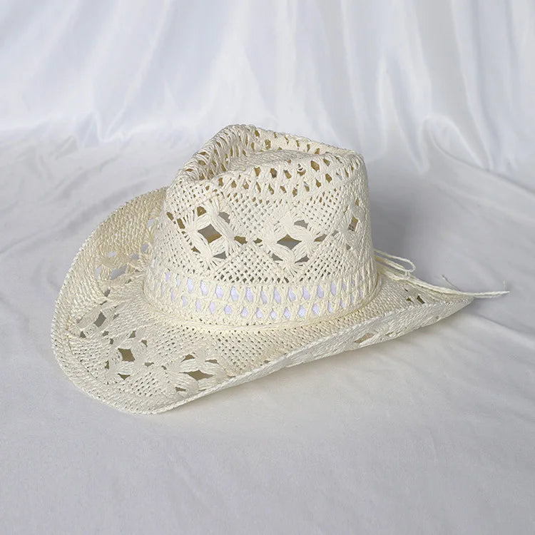 Chapeau de paille de cowboy vert matcha, tissé à la main, creux, pour hommes et femmes, chapeau de soleil d'été, chapeau de paille de cowboy occidental