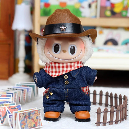 Tenue de cowboy de poupée Labubu de 17 cm – Ensemble de costumes de style occidental avec chapeau et bottes, décorations pour poupées, accessoires sur le thème du Wild West