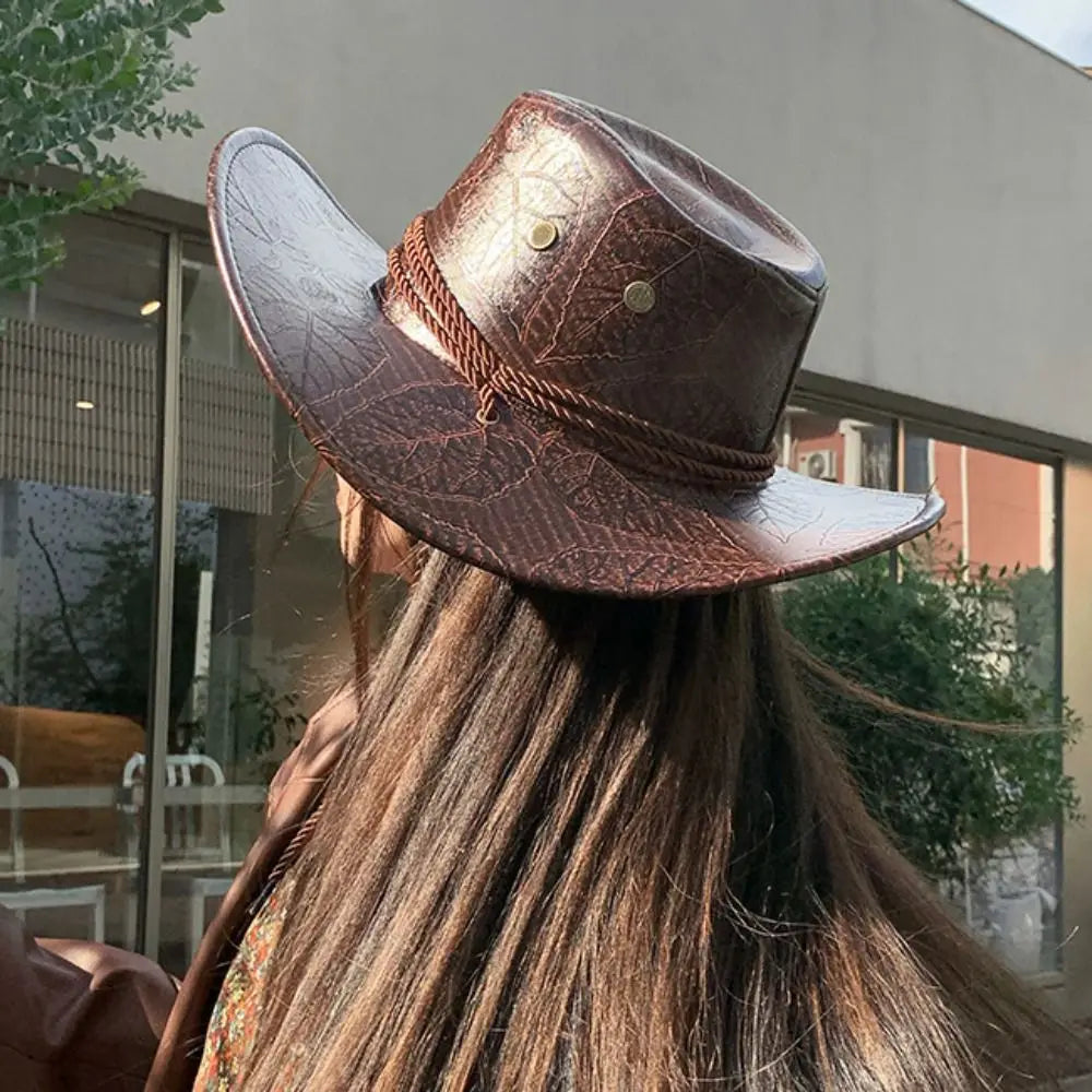 Chapeau de Cowboy occidental de Style ethnique Cool, chapeau de Jazz à large bord en rouleau, noir/marron, casquette à visière de couleur unie pour filles
