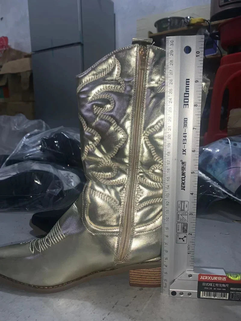 Bottes western de cowboy pour femmes brillantes métallisées brodées à talon aiguille bout pointu roses pour la livraison directe