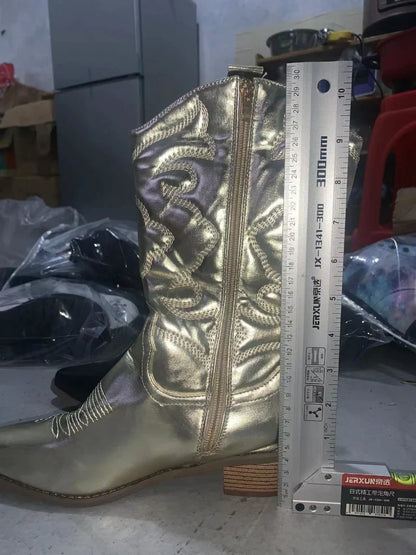 Bottes western de cowboy pour femmes brillantes métallisées brodées à talon aiguille bout pointu roses pour la livraison directe