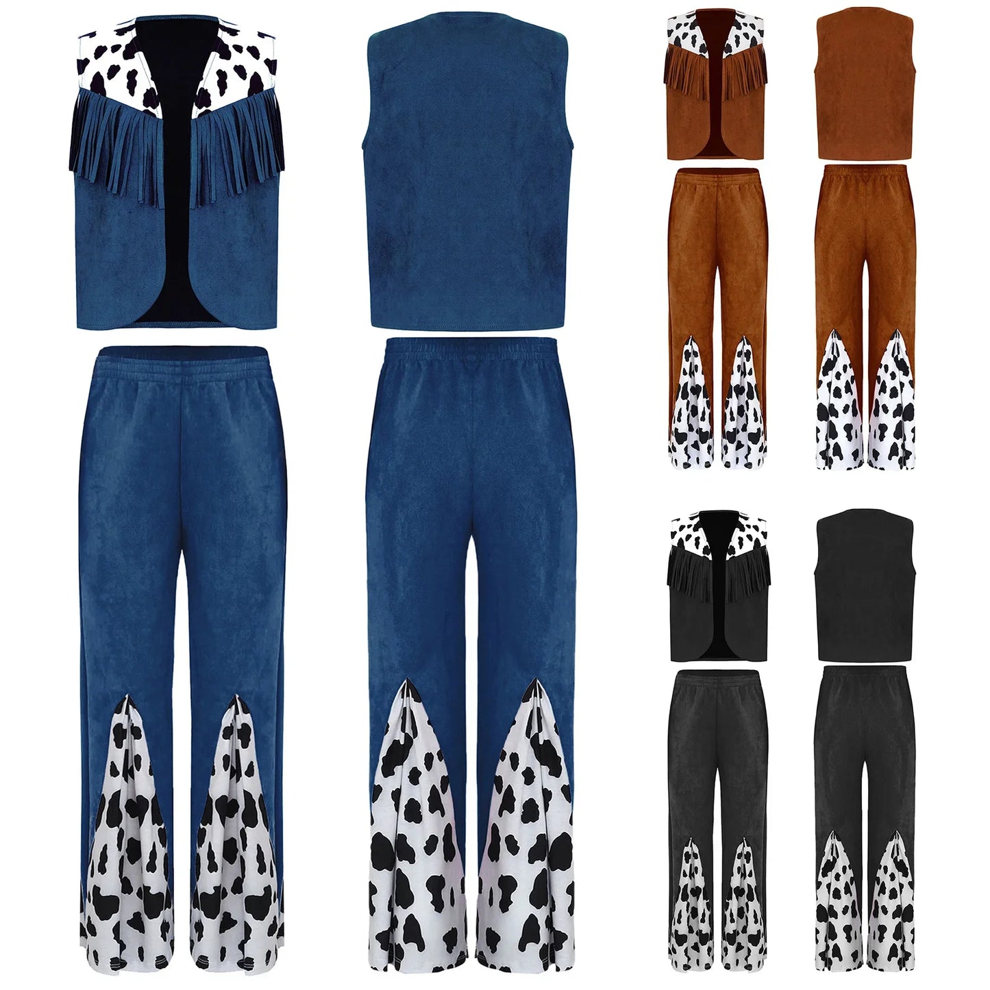 Enfants enfant Halloween Western Cowboy Cowgirl Cosplay Costume imprimé vache gilet à pampilles et ensemble de pantalon évasé Carnaval fête habiller